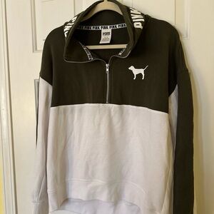 PINK Victoria's Secret Olive and White 3/4 Zip Sweater